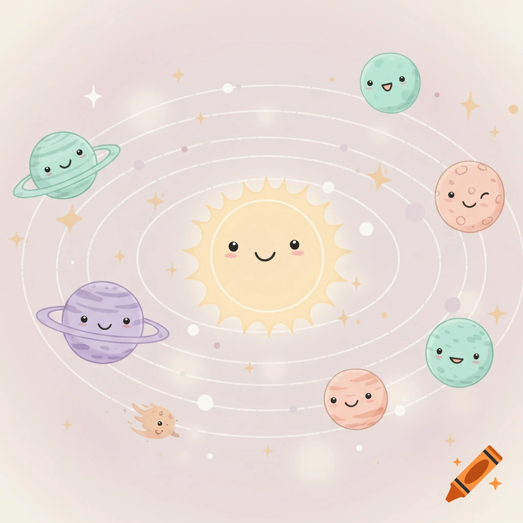 Cute cartoon solar system with smiling pastel planets and sun, surrounded by stars and sparkles.
