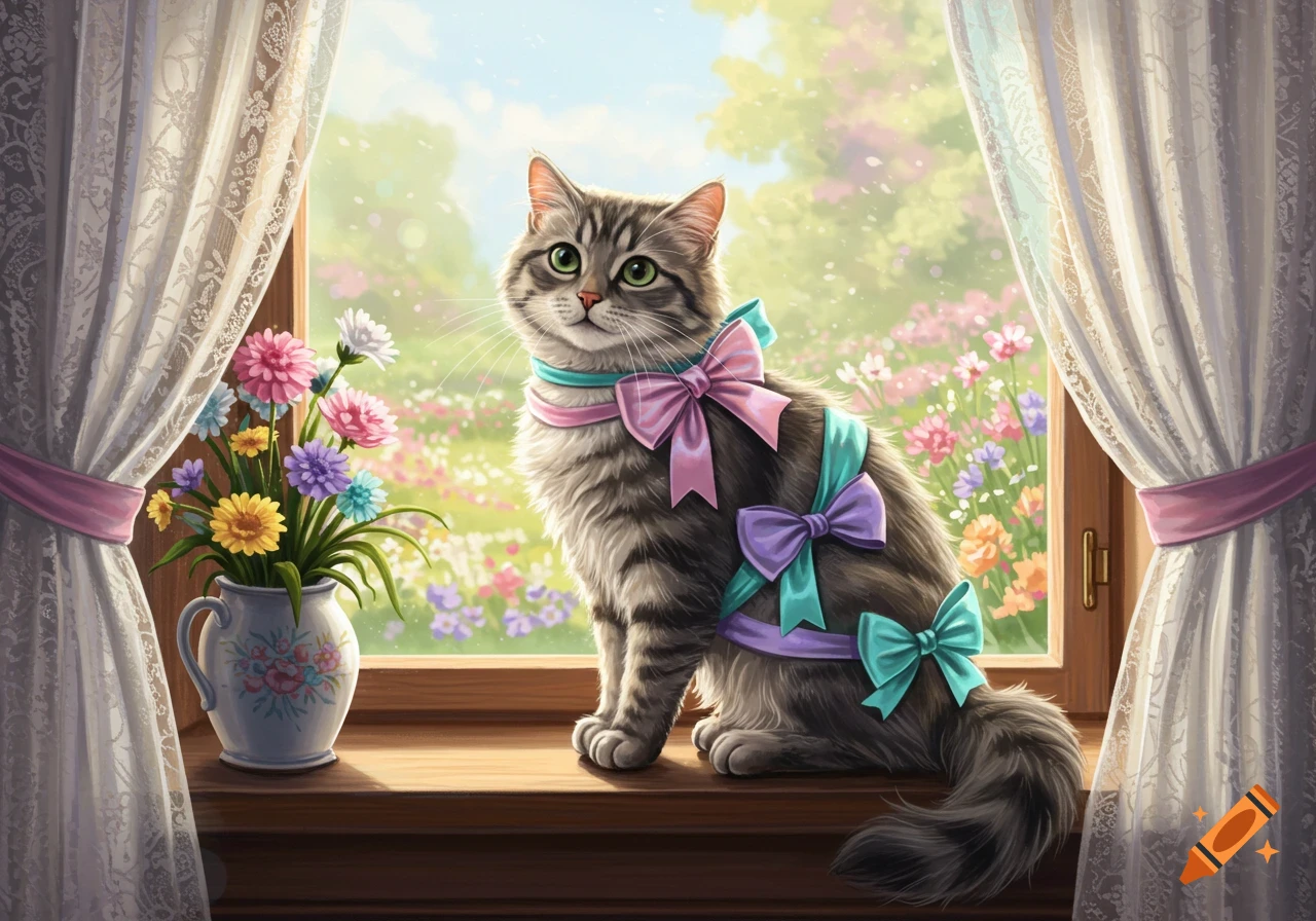 A fluffy gray tabby cat wearing colorful bows sits on a window sill next to a vase of flowers, with a bright garden scene outside.