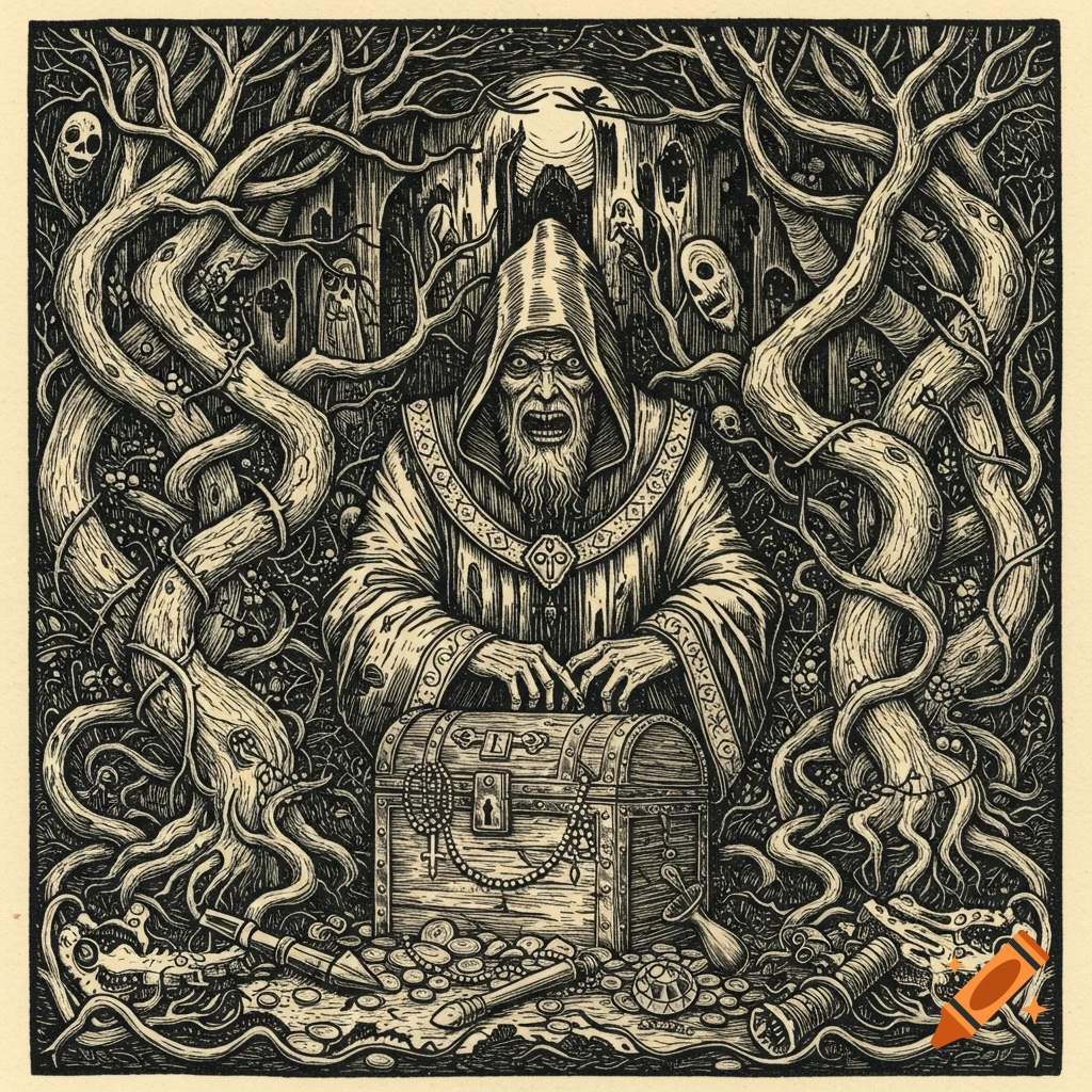 Dark woodcut of an angry robed wizard over a treasure chest, surrounded by gnarled trees with skulls, under a moon.