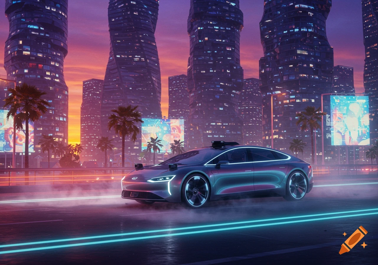 Futuristic autonomous car on a neon-lit street in a cyberpunk city at sunset, with towering skyscrapers and palm trees.
