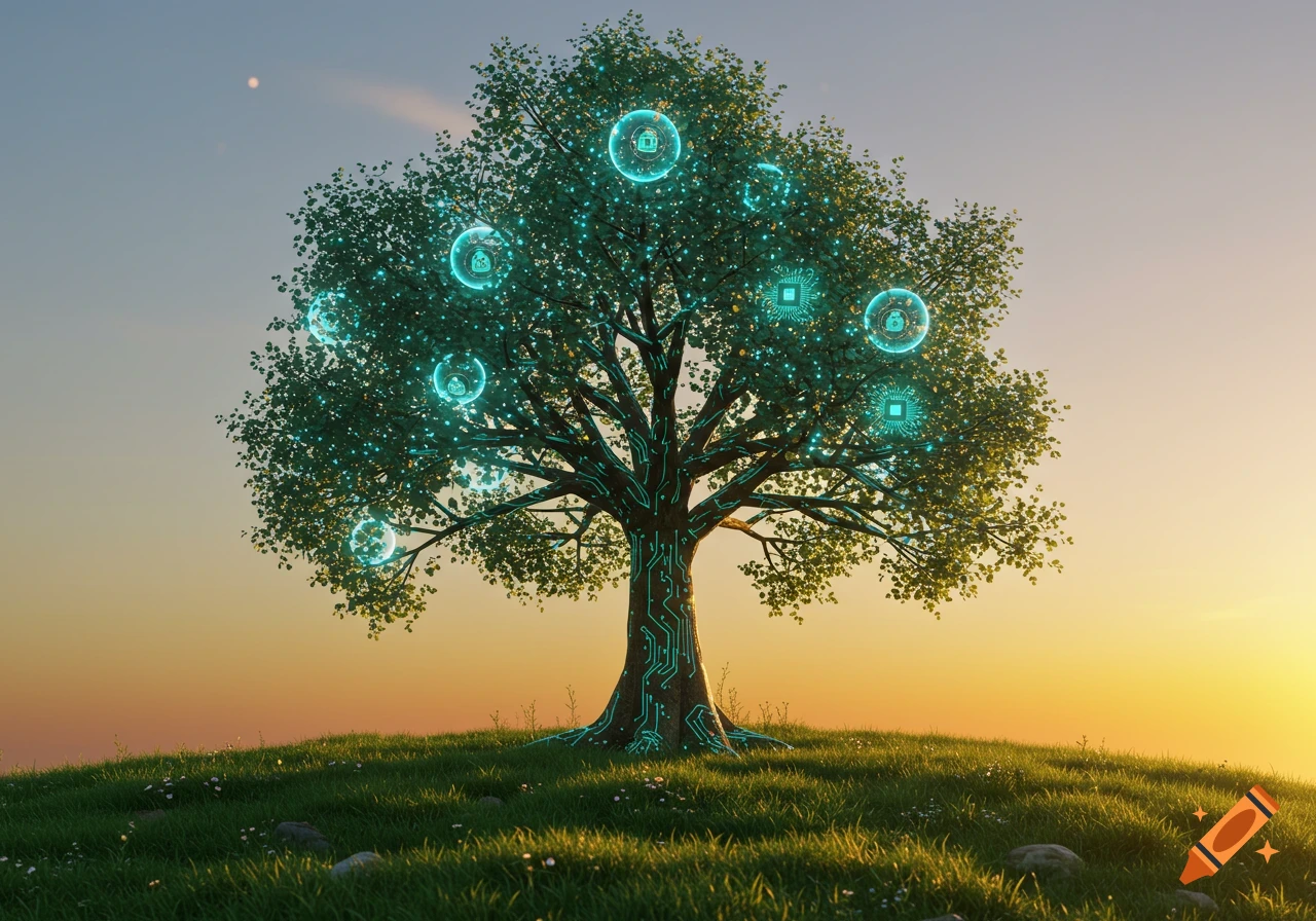 A digital art illustration of a magical AI learning tree with glowing circuits and orbs on a grassy hill at sunrise.