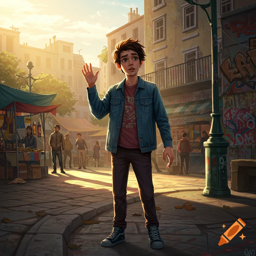 A stylized illustration of a teenage boy with messy brown hair, wearing a denim jacket and dark pants, standing on a bustling city street with market stalls and graffiti, raising one hand as if to ask a question.