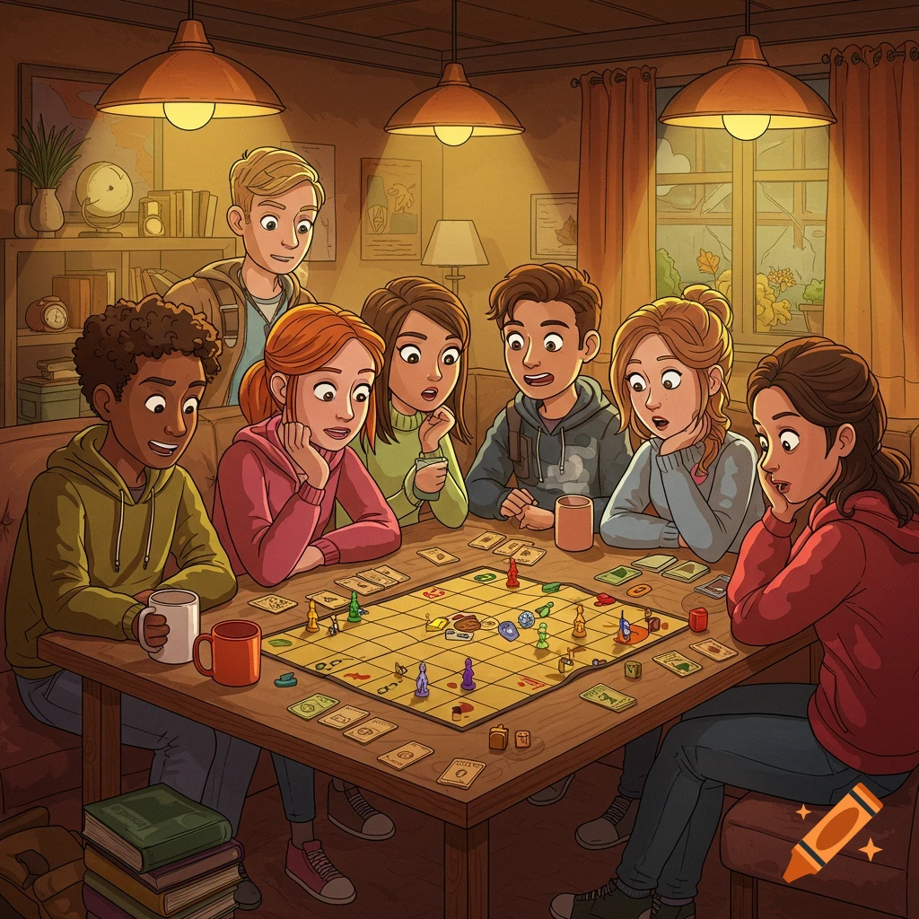 A cartoon of seven university students gathered around a table, intently playing a board game.