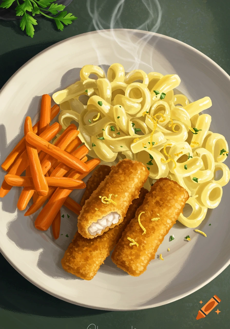 Overhead illustration of a plate with steaming fish sticks, ribbon pasta, and carrot sticks.