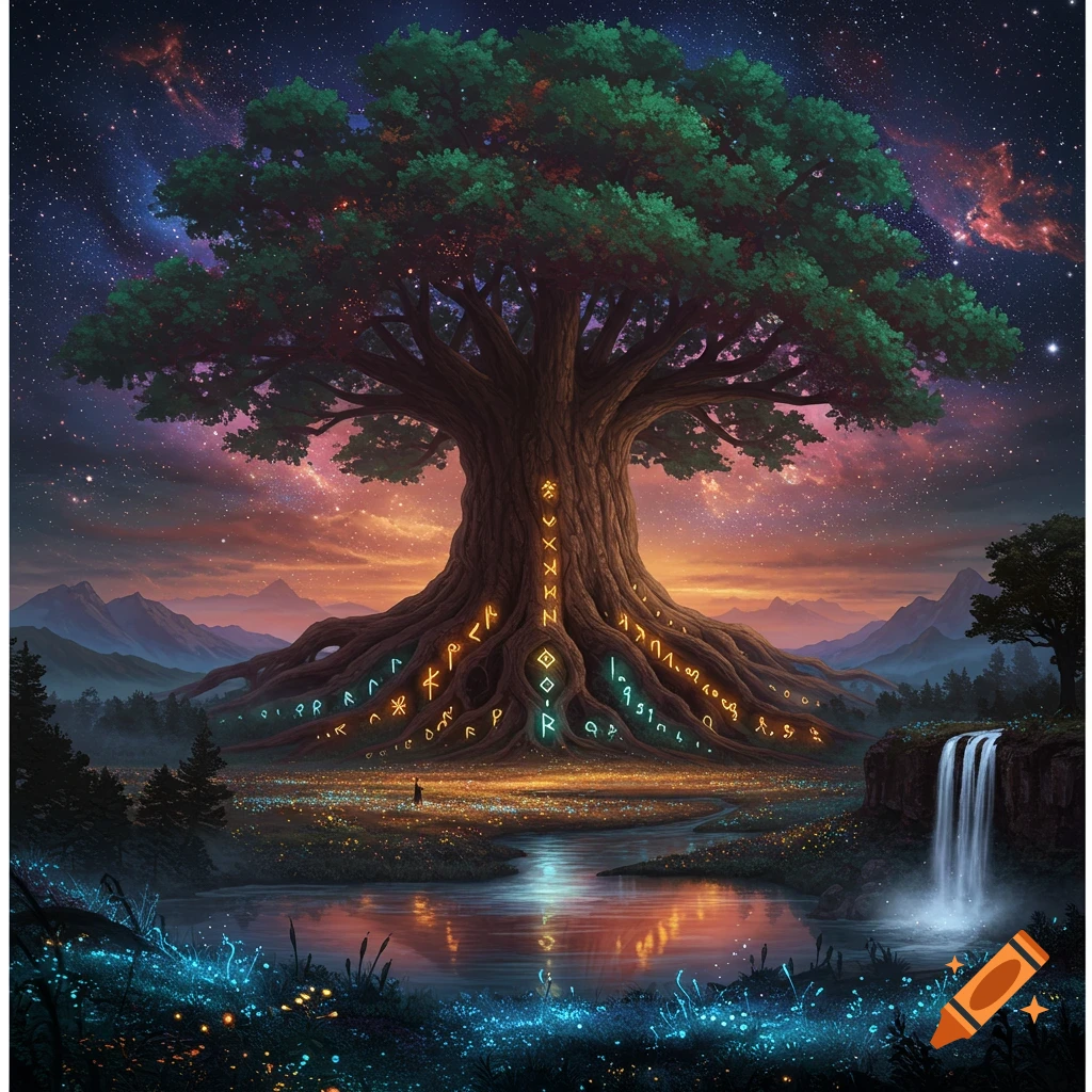 A majestic fantasy Yggdrasil tree with glowing runes on its trunk and roots, set against a starry cosmic sky and a landscape with a river and waterfall.