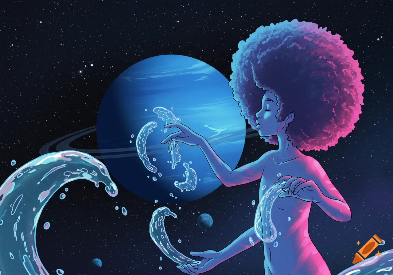 Cartoon illustration of a blue-pink skinned figure with an afro manipulating water in space, with a ringed planet behind.