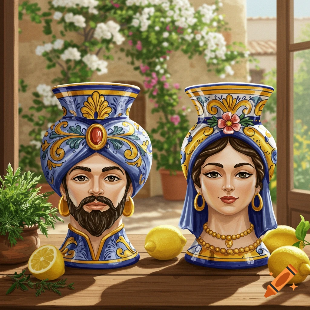 Two ornate Sicilian Moorish head vases, male and female, on a wooden table with lemons, against a sunny Mediterranean building.