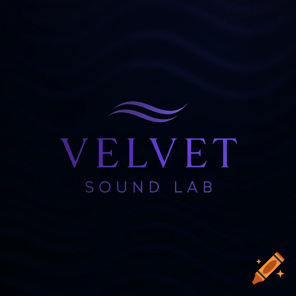 Purple logo for Velvet Sound Lab with wavy lines on a dark background.