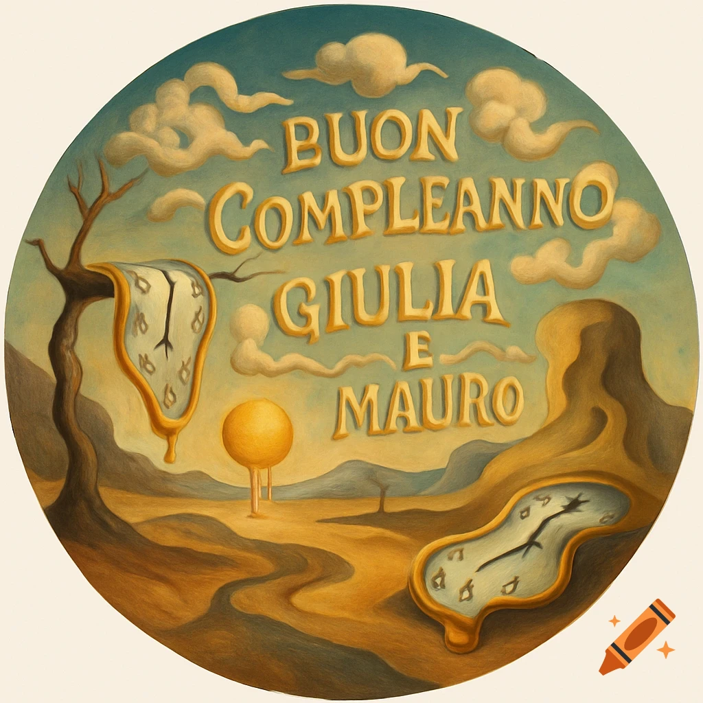 A round surrealist painting inspired by Salvador Dalí, featuring melting clocks, a barren landscape, and the text 'BUON COMPLEANNO GIULIA E MAURO' floating in the sky.