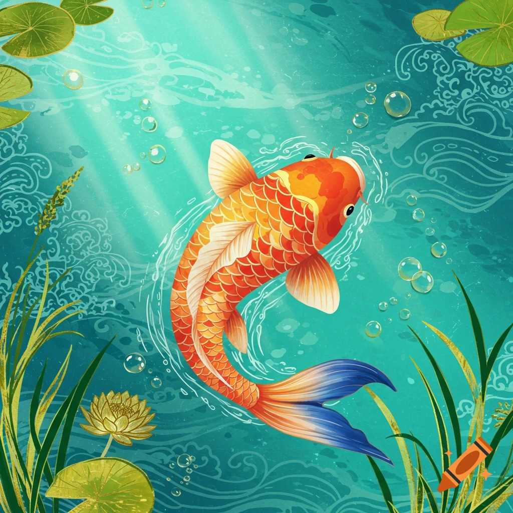 Vibrant illustration of an orange and blue koi fish swimming in clear blue-green water with lily pads and aquatic plants.