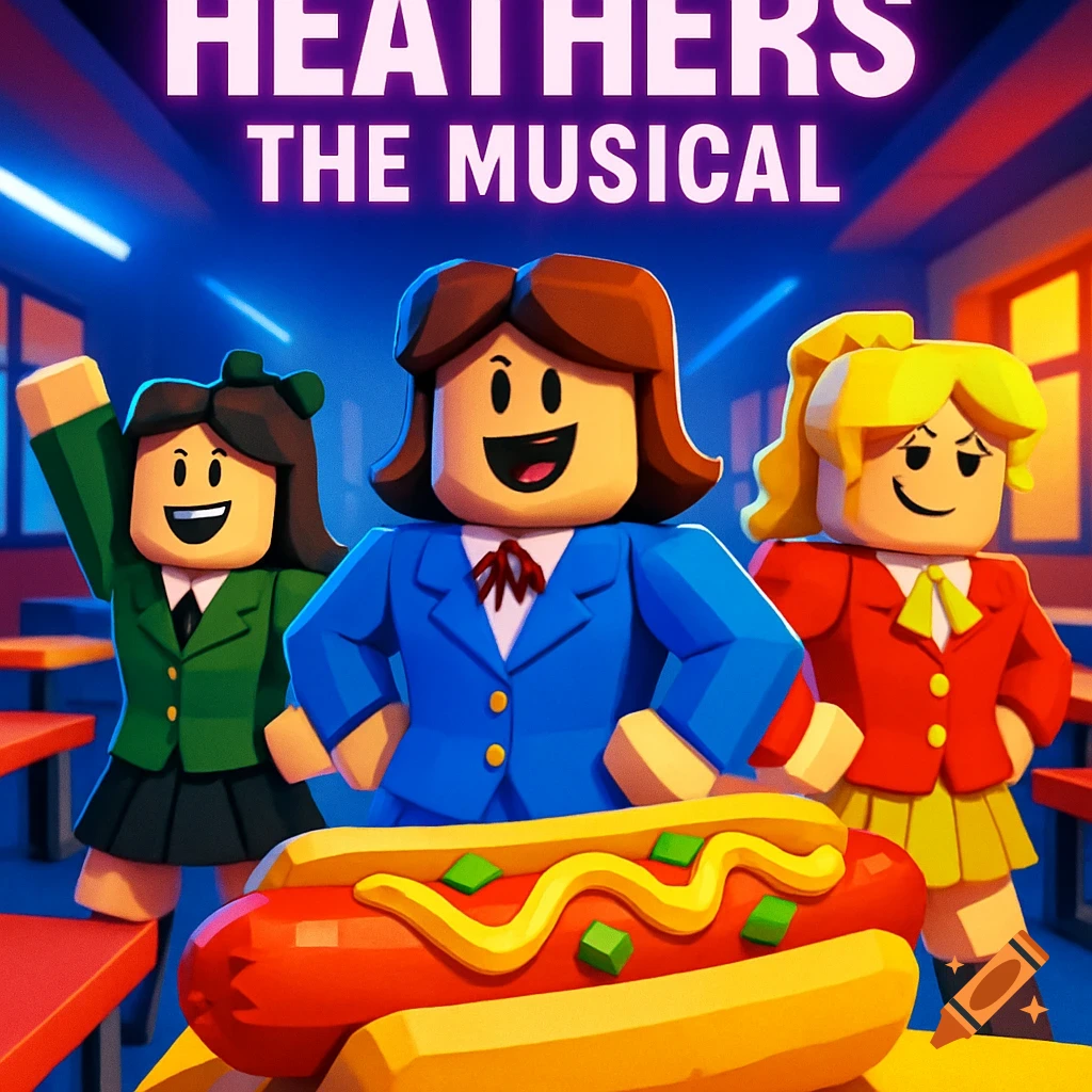 Three smiling female Roblox characters in Heathers The Musical costumes, posing in a cafeteria with a hot dog on a table.