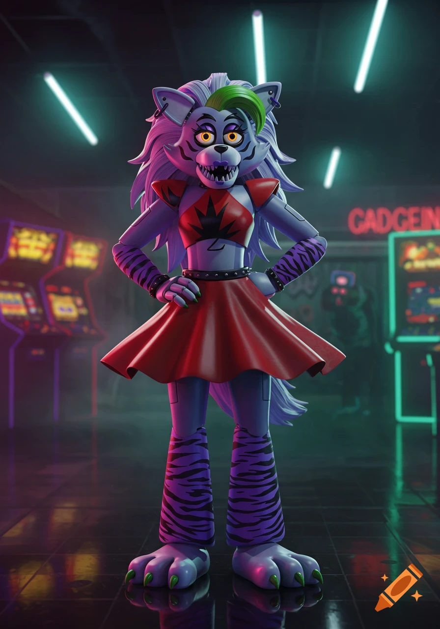 Roxanne Wolf from Five Nights at Freddy's stands in an arcade, wearing a red top and skirt.