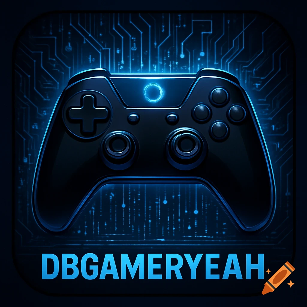 A black gamepad with blue glowing accents on a dark circuit board background, with the text 'DBGAMERYEAH' below.