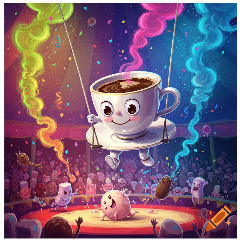 A vibrant cartoon of a smiling coffee cup on a trapeze at a colorful circus, with confetti and an audience of cute food characters.