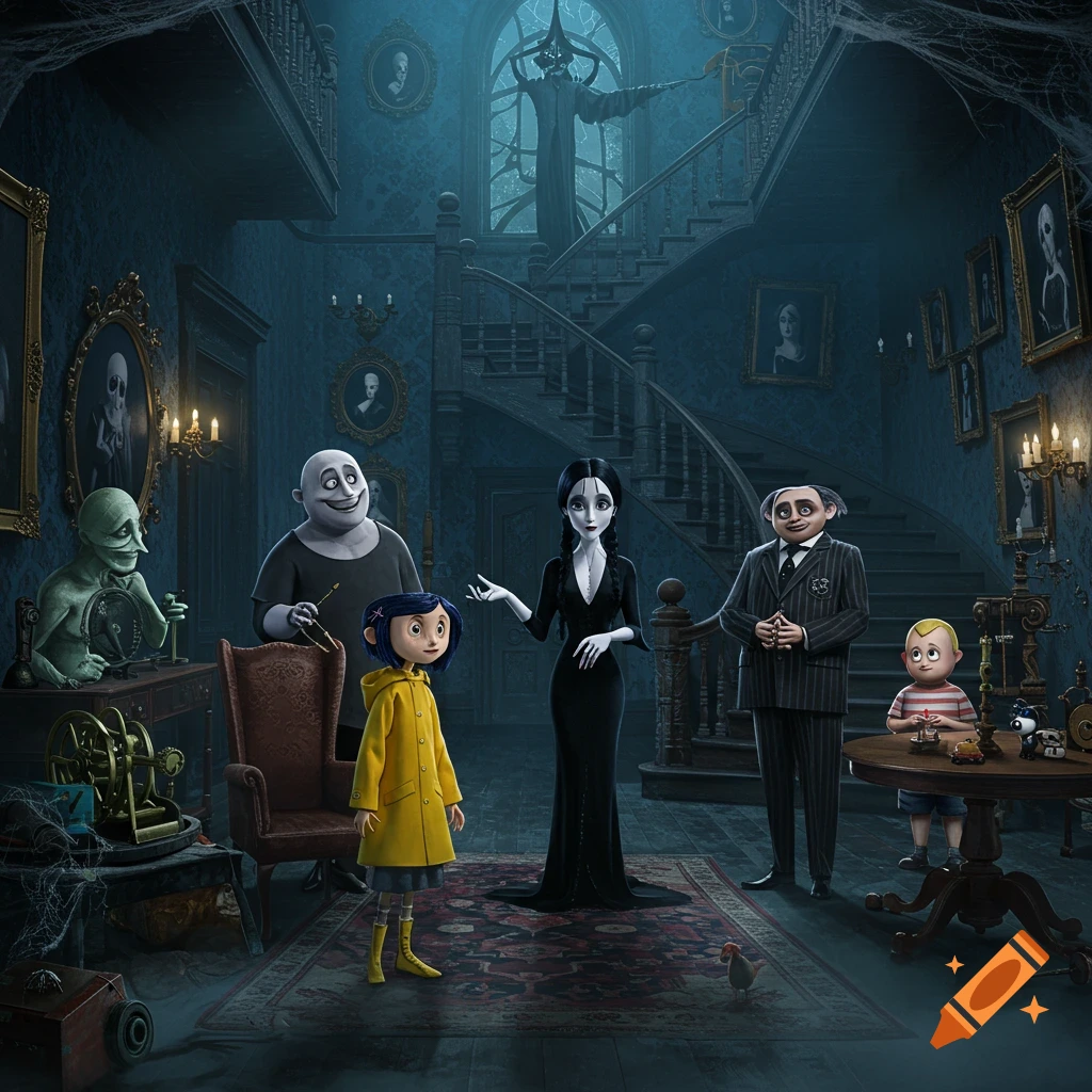 Coraline, in a yellow raincoat, with Gomez, Morticia, and other Addams Family members inside their spooky, gothic mansion, in an animated style.