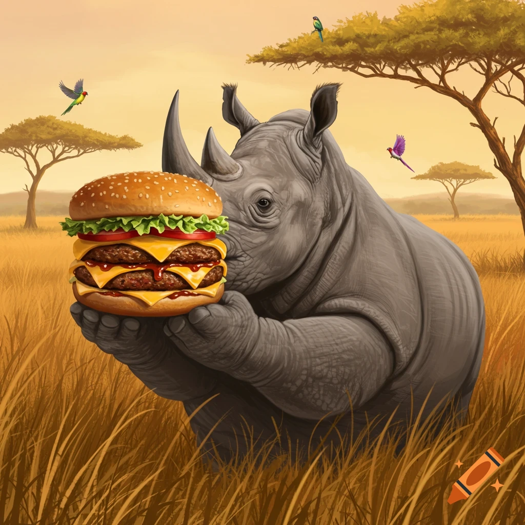 A grey rhino holds a large double cheeseburger in a golden savanna with trees and birds. Illustrated style.