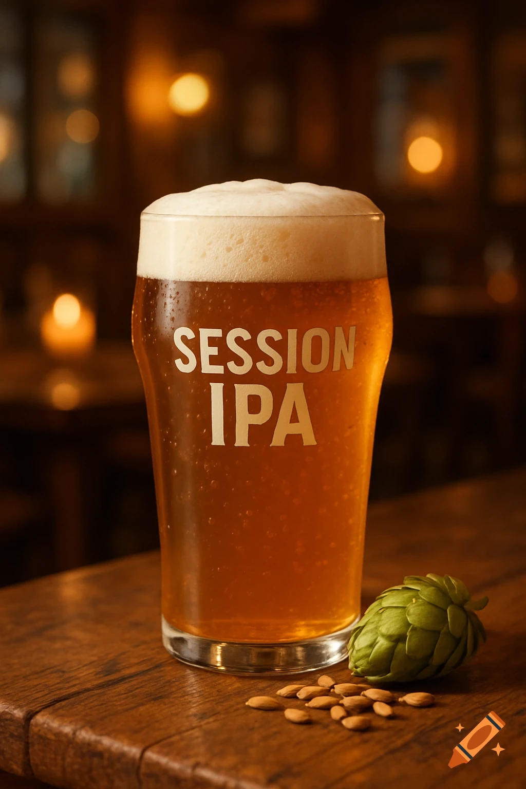 A photorealistic glass of 'SESSION IPA' beer with foam, condensation, a hop cone, and almonds on a wooden bar.