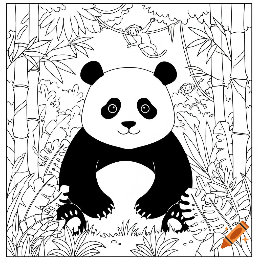 Black and white coloring book illustration of a cute panda in a dense jungle with monkeys and bamboo.