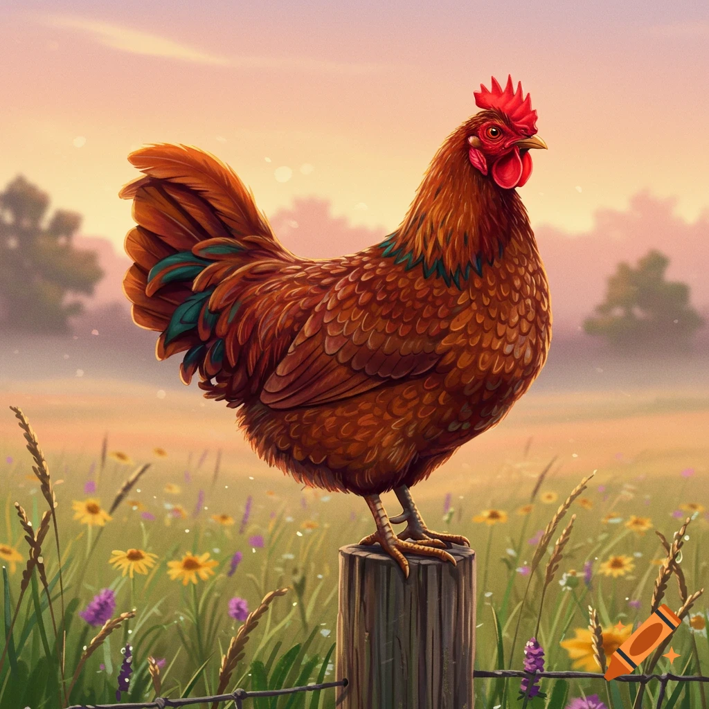 A brown chicken with a red comb stands on a wooden post in a sunny field of colorful wildflowers, illustrated.