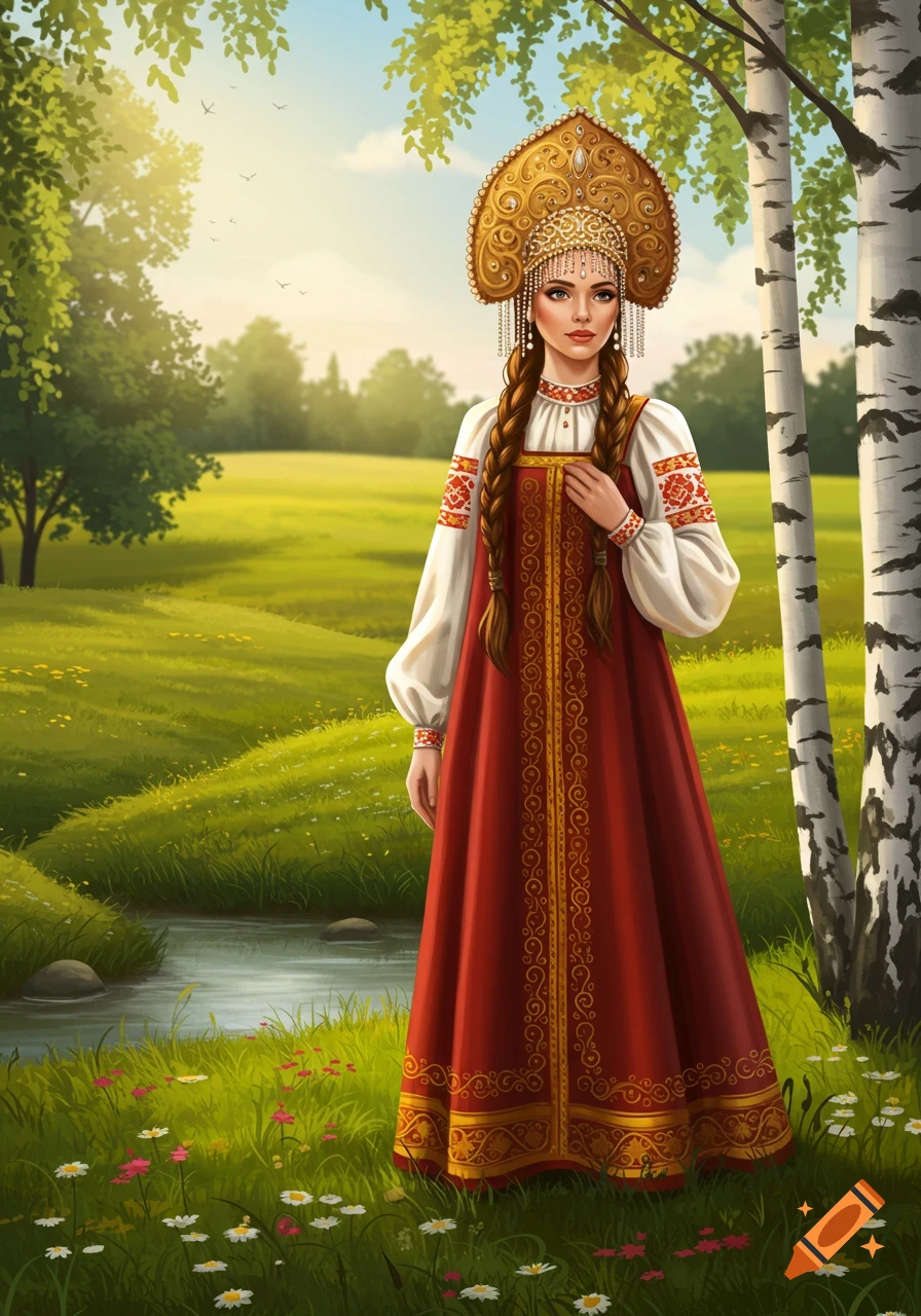 A woman in a traditional red and white Russian costume with a golden kokoshnik stands in a lush green field with birch trees.