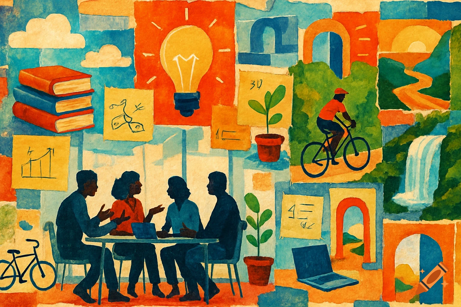 A colorful, handmade-looking collage featuring people collaborating, books, a lightbulb, a cyclist in nature, and other inspiring elements.