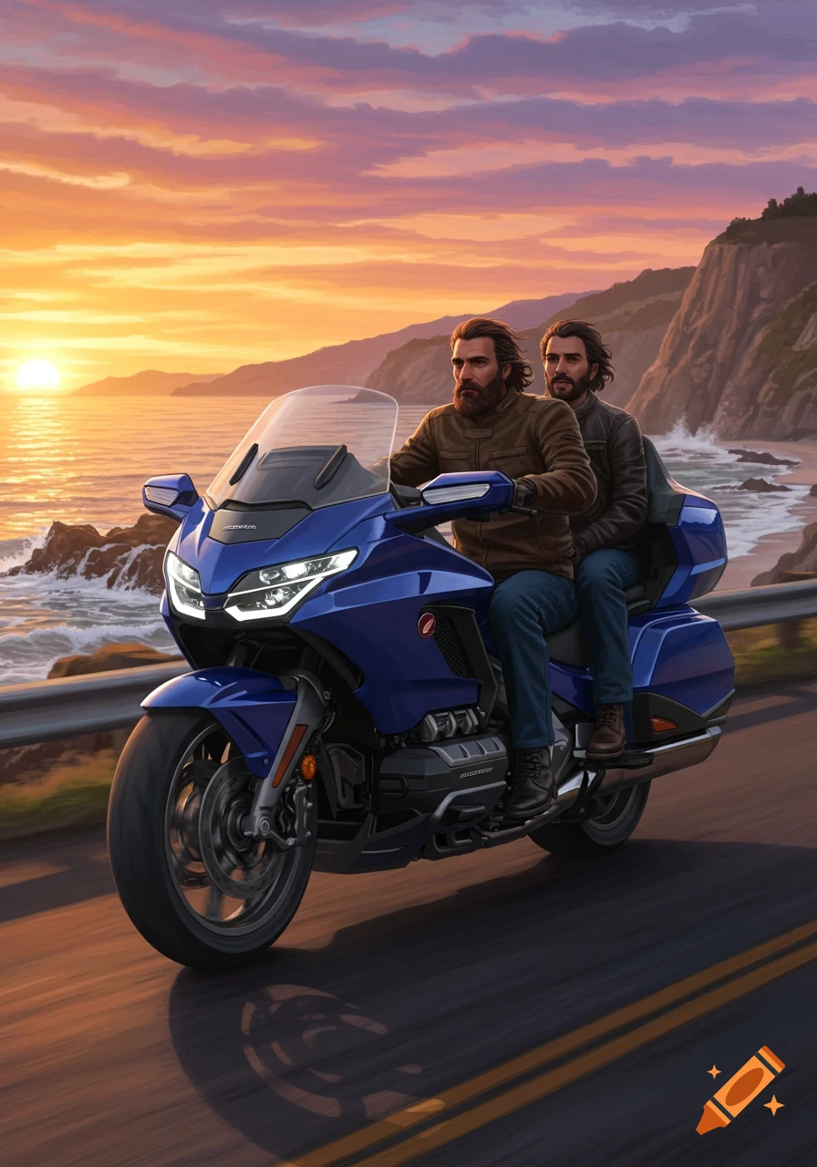 Two bearded men ride a blue Honda Goldwing motorcycle along a scenic coastal road at sunset, with the ocean and cliffs in the background.