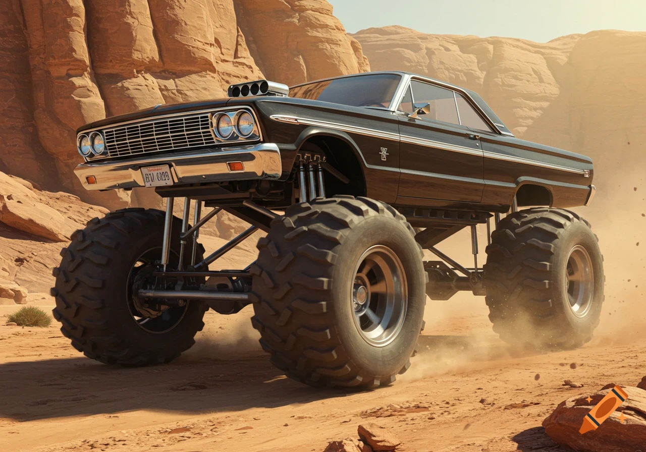 A black monster truck with large tires drives through a dusty desert landscape with rock formations in the background.