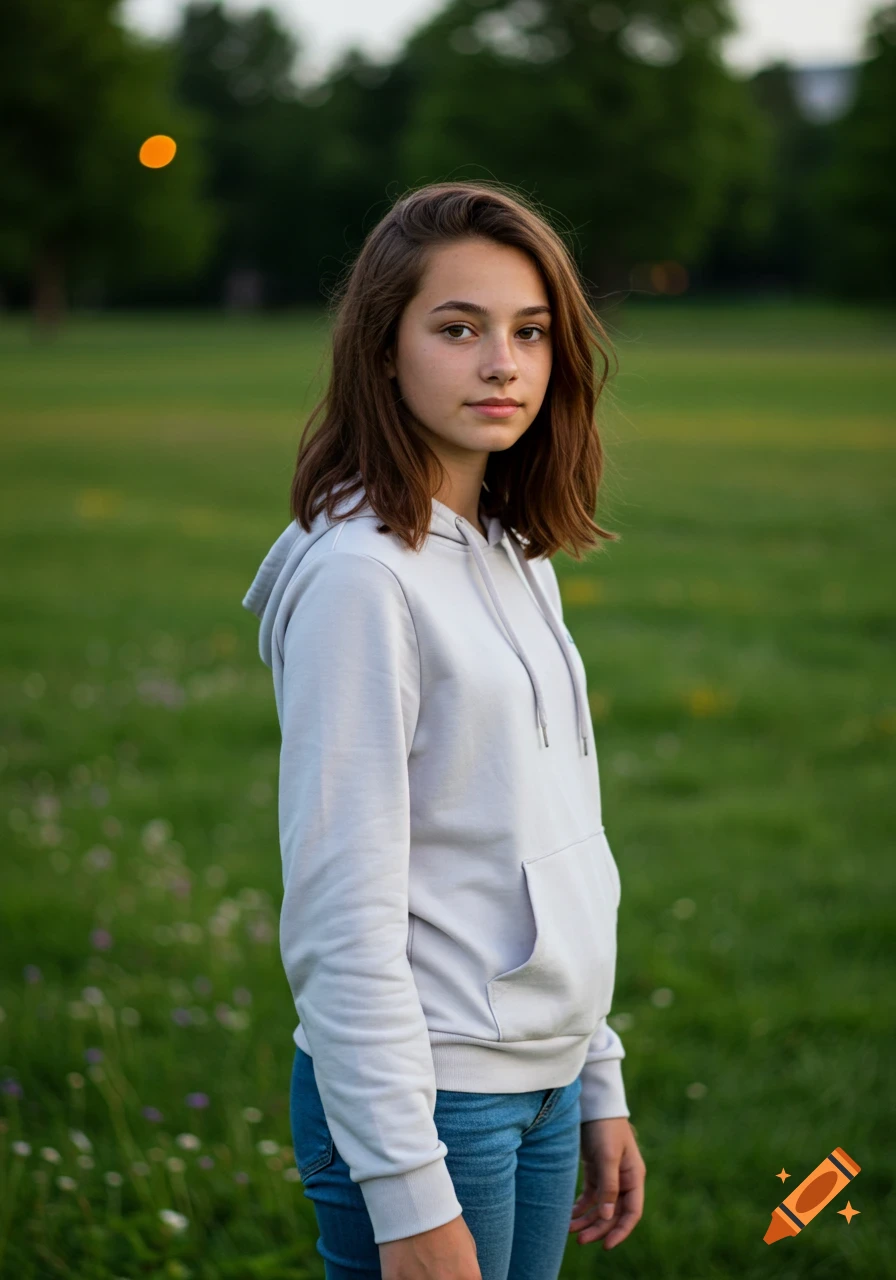 A young woman with brown hair and a light gray hoodie stands in a green field, looking towards the viewer.
