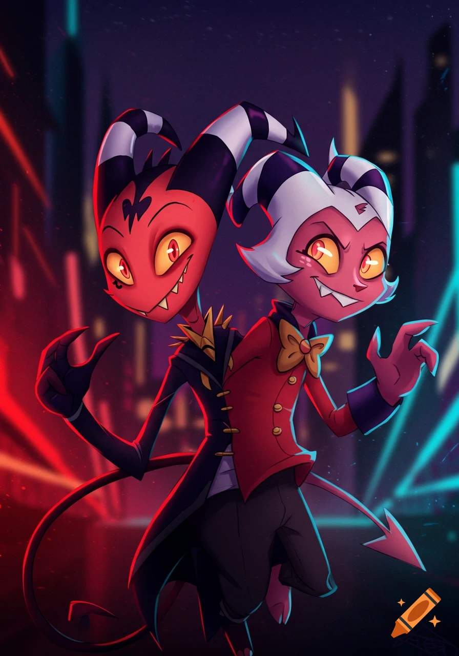 Stylized cartoon of conjoined red imp-like characters Blitzø and Moxxie from Helluva Boss, with striped horns, against a neon-lit city background.