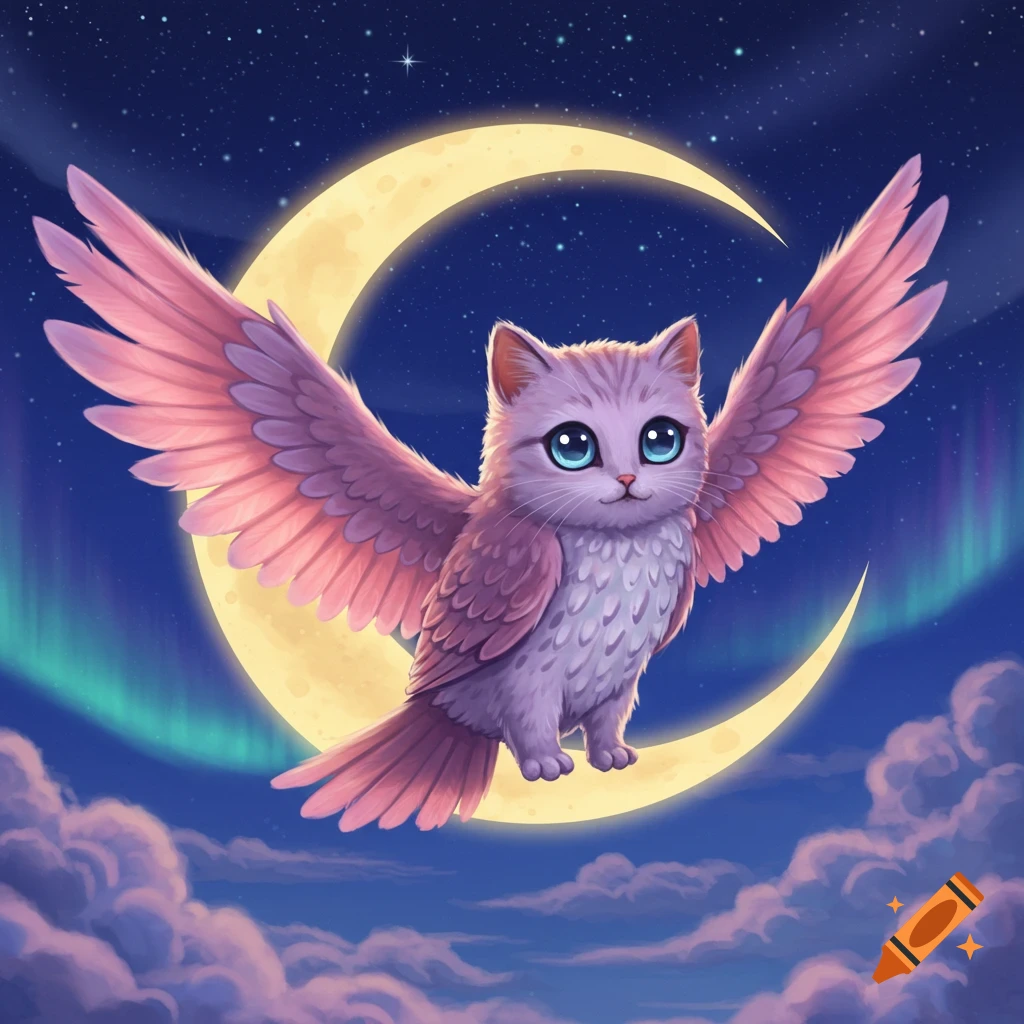 A cute winged cat creature, a 'Meowl,' flies in a magical night sky with a crescent moon, stars, and aurora.