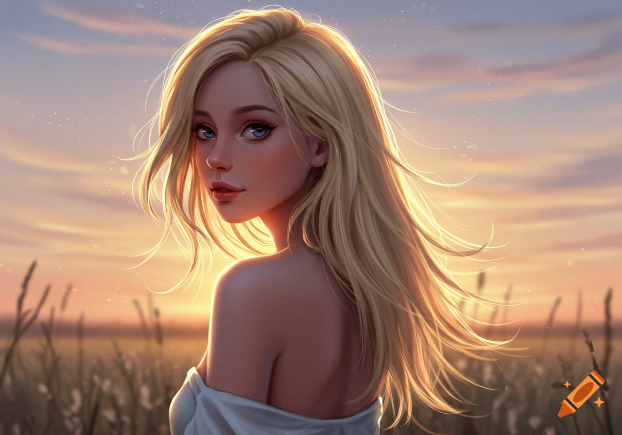 Anime girl with blonde hair, bare shoulders, looking over her shoulder at sunset in a field.