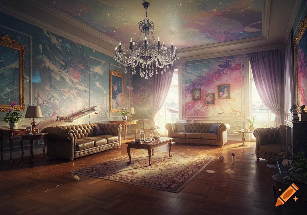 An ornate living room with brown leather sofas, a large chandelier, and abstract, colorful walls and ceiling. Bright sunlight streams through tall windows.