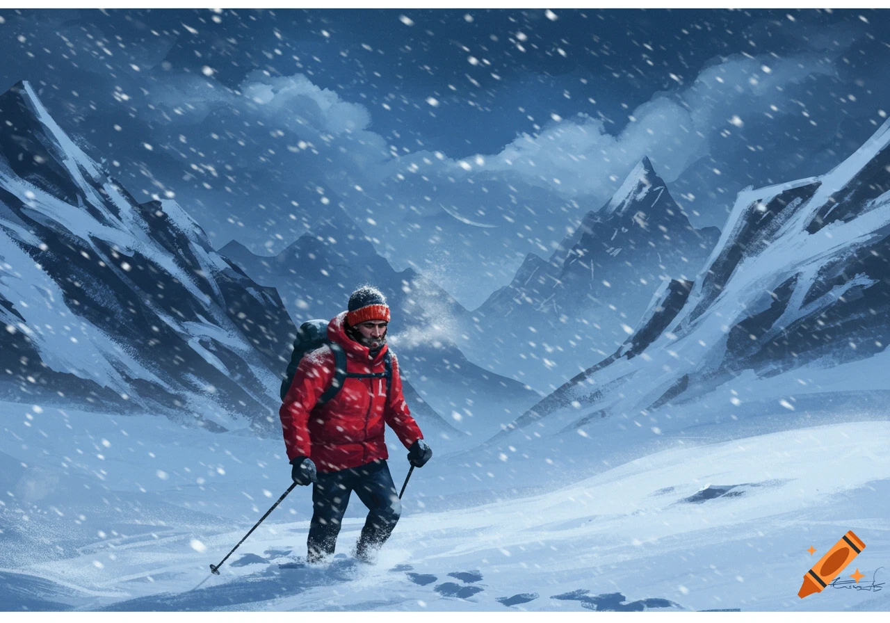 A person in a red jacket and backpack hikes through a snowy mountain landscape during a blizzard, an illustration.