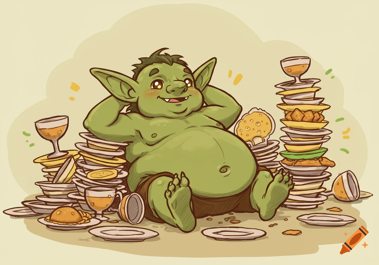 A cute, fat, gluttonous goblin rests among towering stacks of empty plates, drawn in a cartoony doodle style.