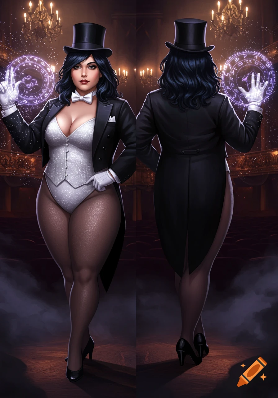 A full body front and back view of a magician woman with dark hair, wearing a black tailcoat, white leotard, top hat, and white gloves, performing magic with glowing purple symbols.