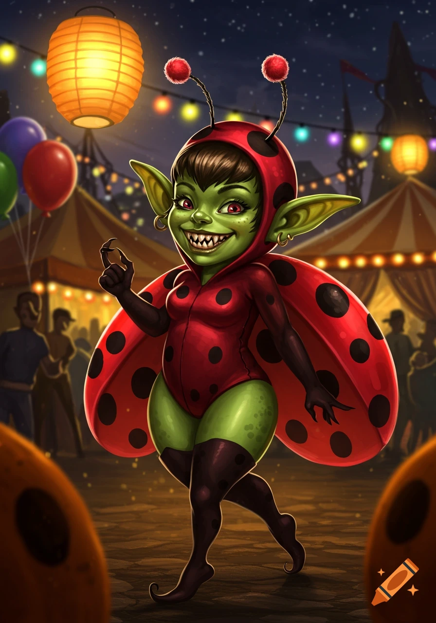 A smiling green female goblin wearing a red ladybug costume with antennae at a night carnival with glowing lanterns and balloons.