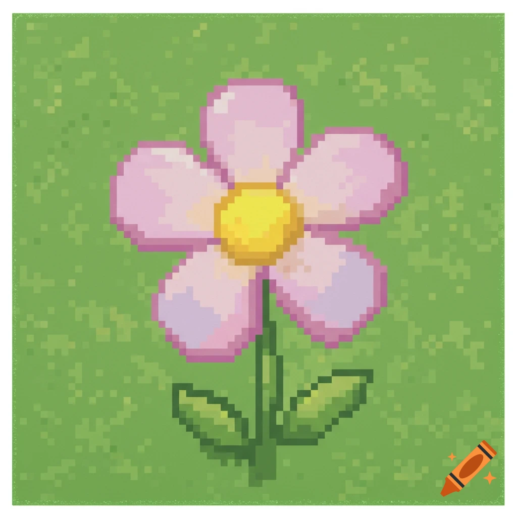 Pixel art of a pink five-petal flower with a yellow center and green stem against a green background.