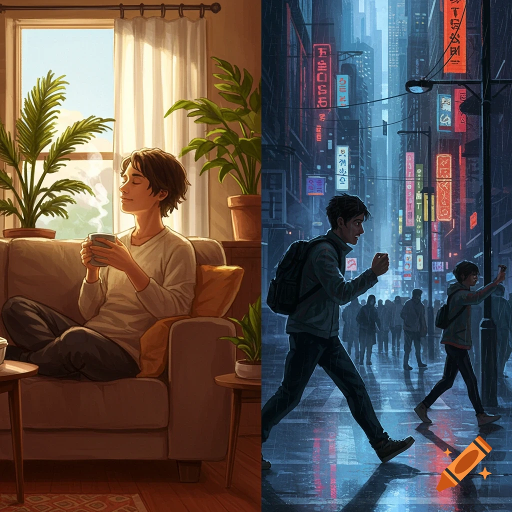 Split image showing a man relaxing with coffee indoors and a man walking in a rainy, neon-lit city street.