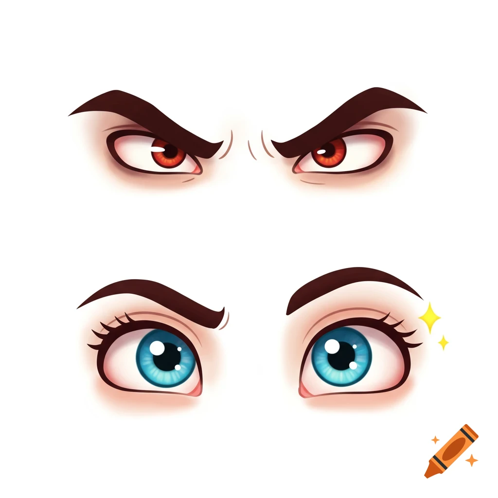 Cartoon depiction of two pairs of eyes; one angry with red irises, one happy with blue irises and sparkles.