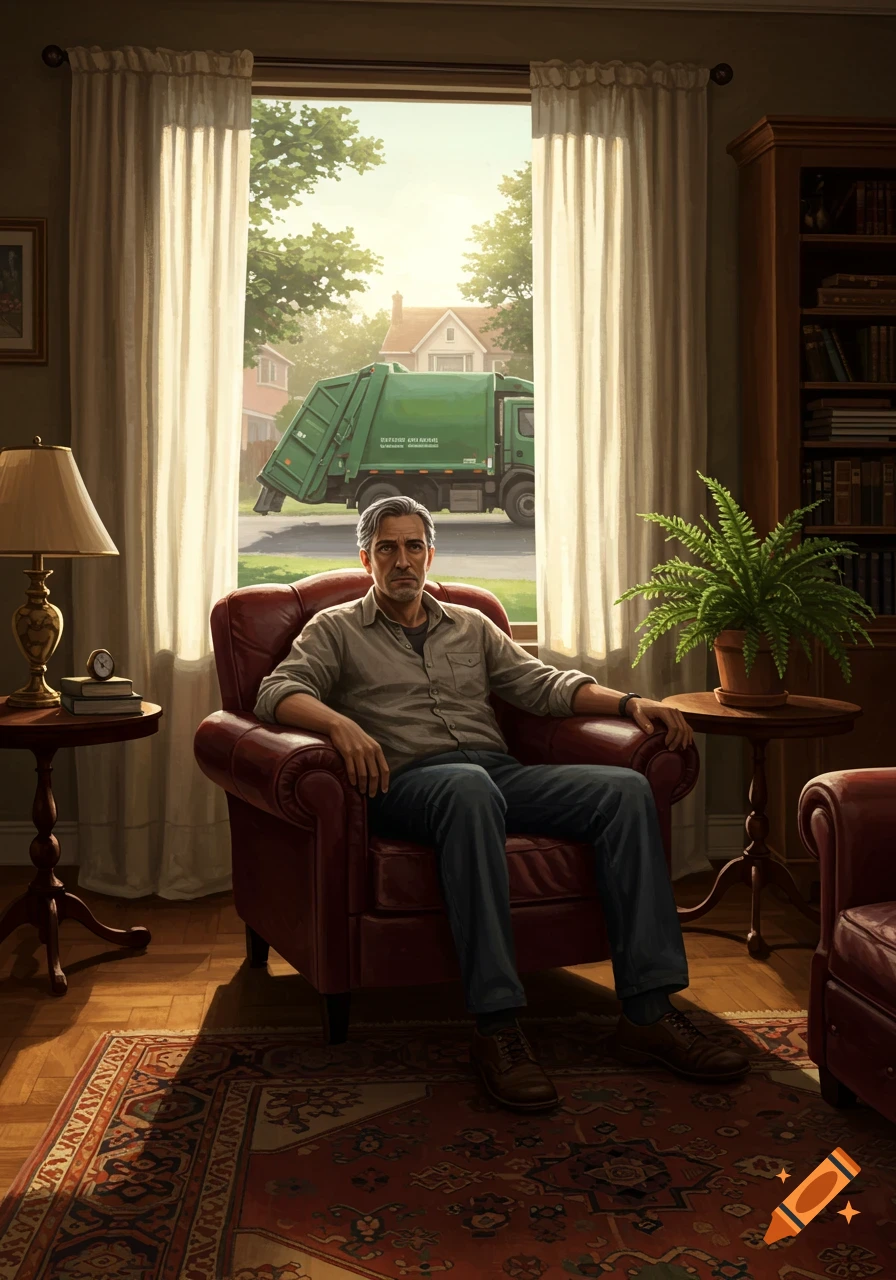 A man sits in a red armchair in a living room, looking out a window at a green garbage truck on a sunny suburban street.
