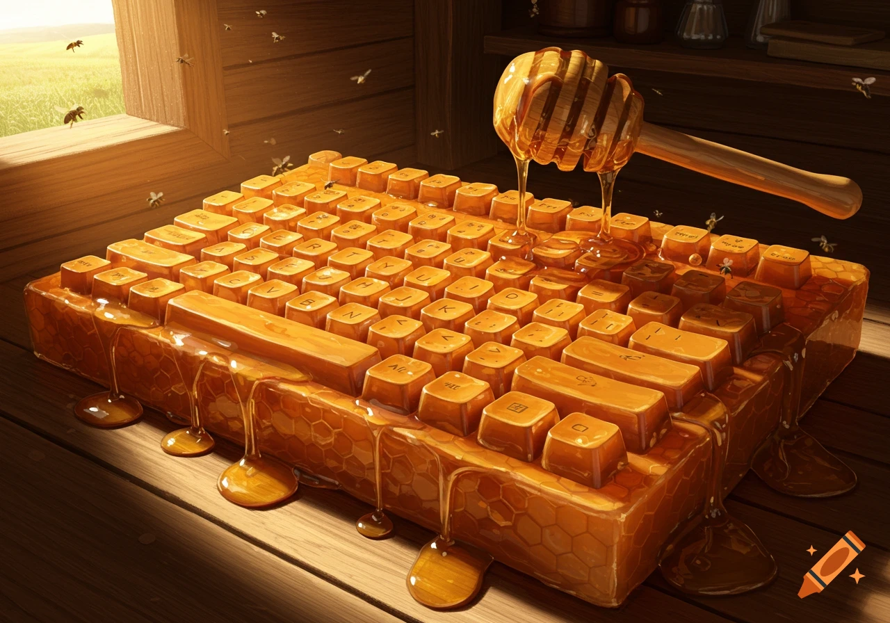 A photorealistic honey keyboard with a honey dipper dripping honey, surrounded by bees in a sunlit room.