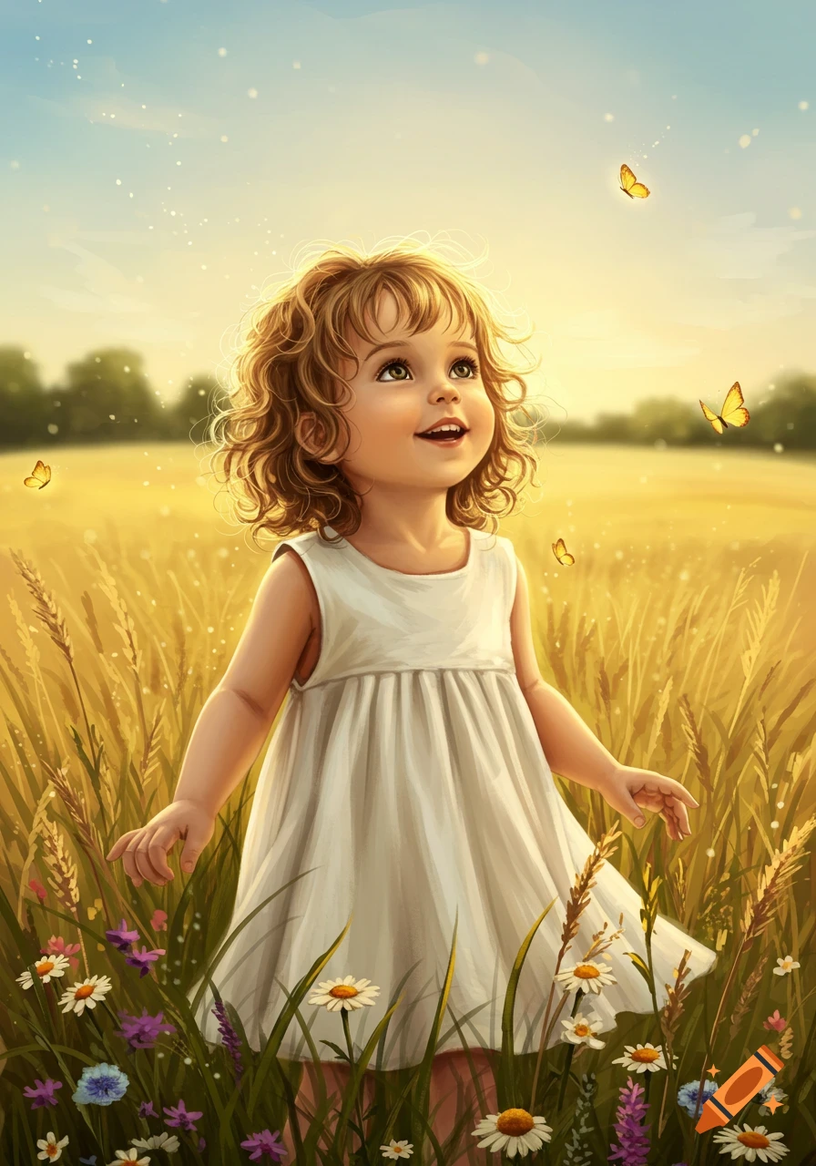A happy little girl with curly hair looks up at butterflies in a golden wheat field with wildflowers, digital illustration.