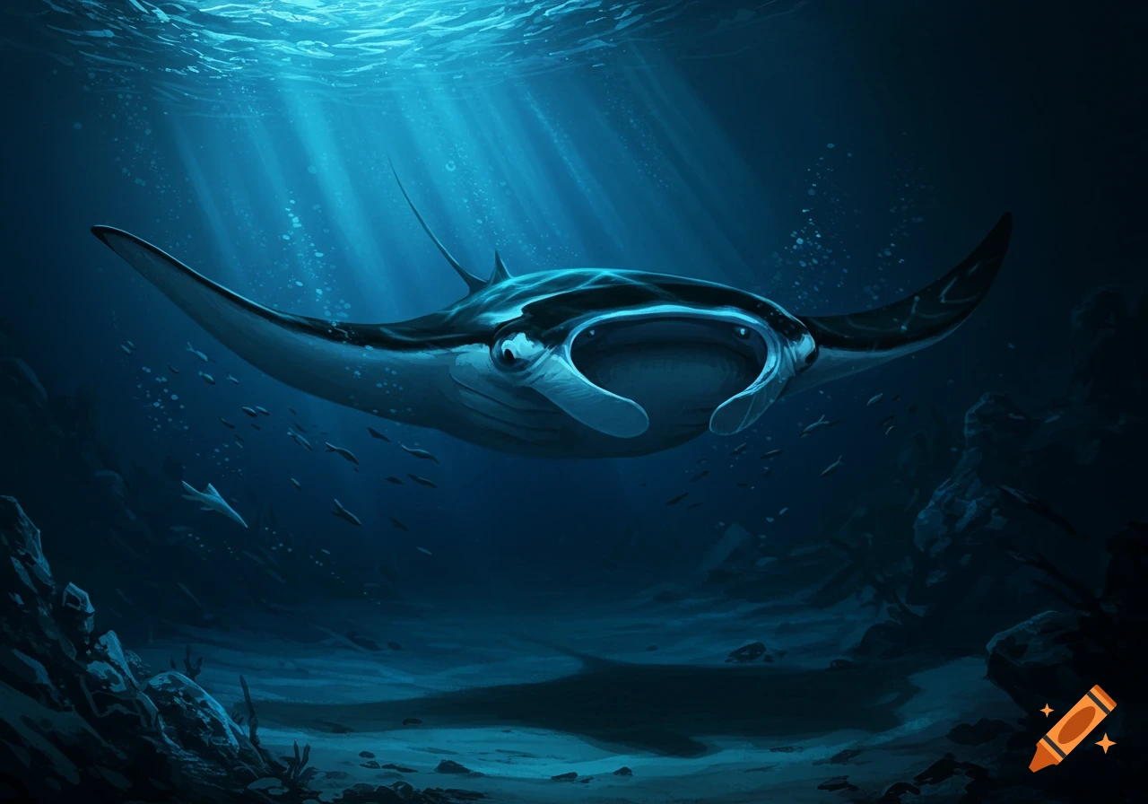 A large manta ray glides through sunlit deep blue ocean waters above a rocky seafloor, surrounded by small fish.