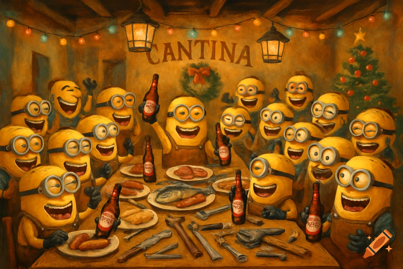 Minions in a cantina celebrate Christmas, drinking beer and feasting at a table with tools, in a painterly style.