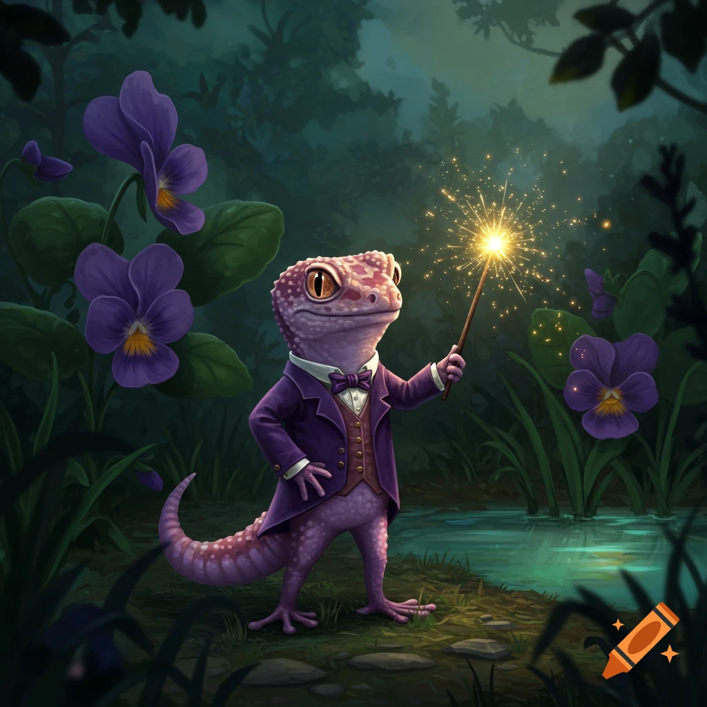 A dapper purple gecko wearing a suit and bow tie stands in a magical forest, holding a sparkling wand.