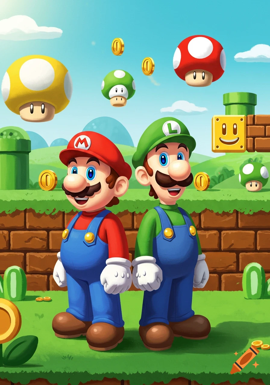 Mario and Luigi stand side-by-side in a vibrant, cartoon Super Mario level with mushrooms and coins.