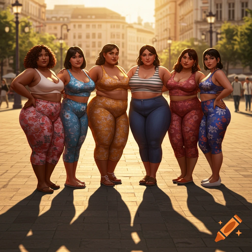 Six overweight women in colorful activewear pose confidently on a sunny city street with historic buildings.