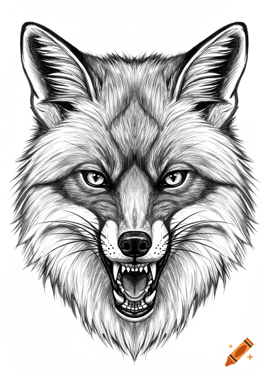 Detailed black and white sketch of an aggressive fox's head snarling.
