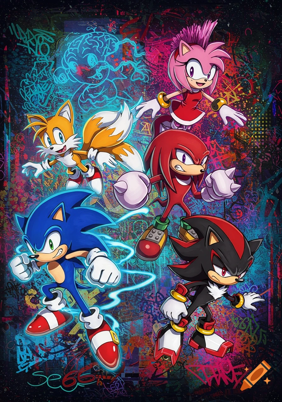 A colorful, graffiti-style illustration of Sonic, Tails, Knuckles, Amy Rose, and Shadow the Hedgehog in dynamic poses against a busy, abstract background.