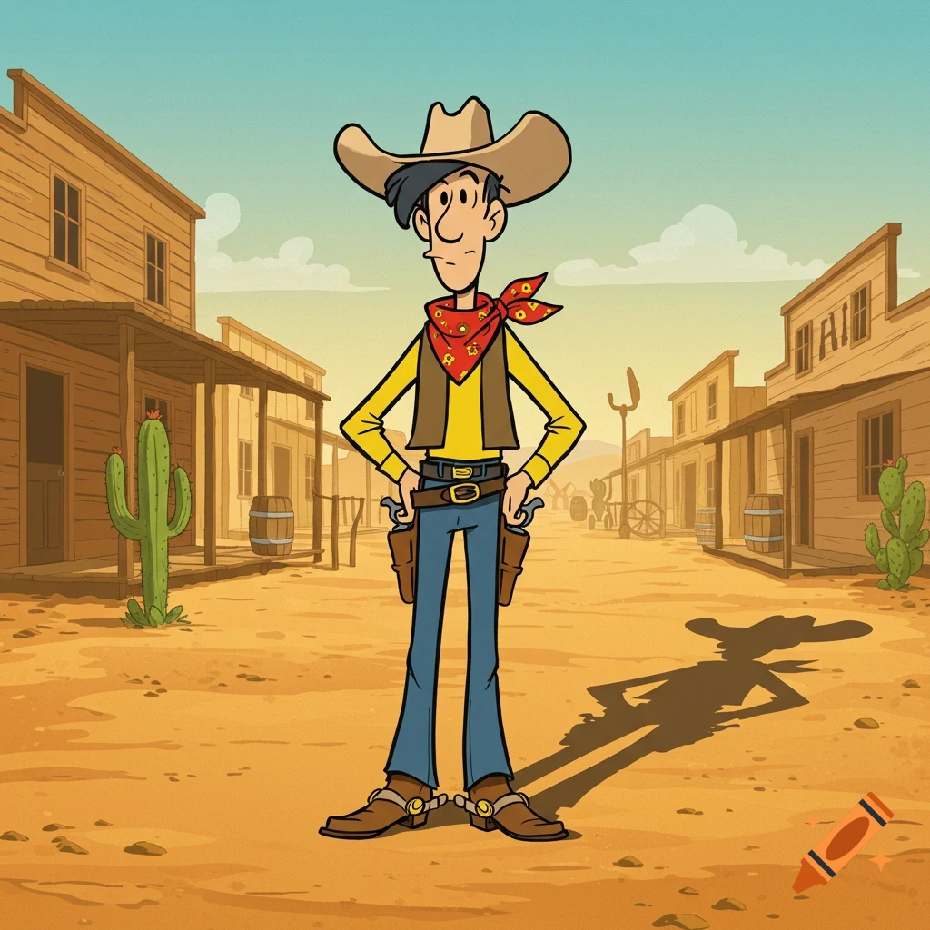 A cartoon cowboy character, similar to Lucky Luke, stands with hands on holstered revolvers in a dusty Wild West town.